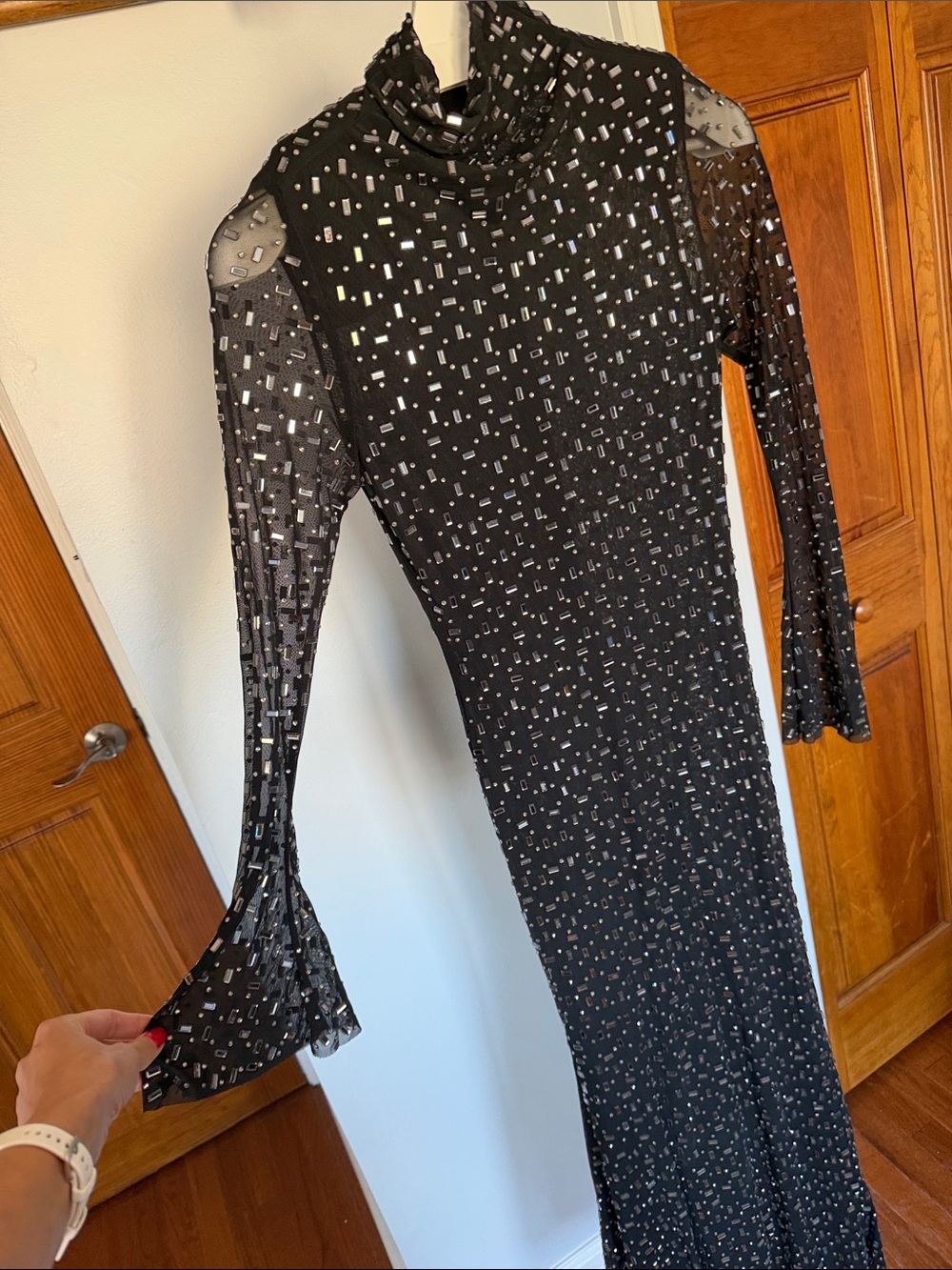 Self-Portrait Black Square Rhinestone Mesh Midi Dress - Picture 9 of 12